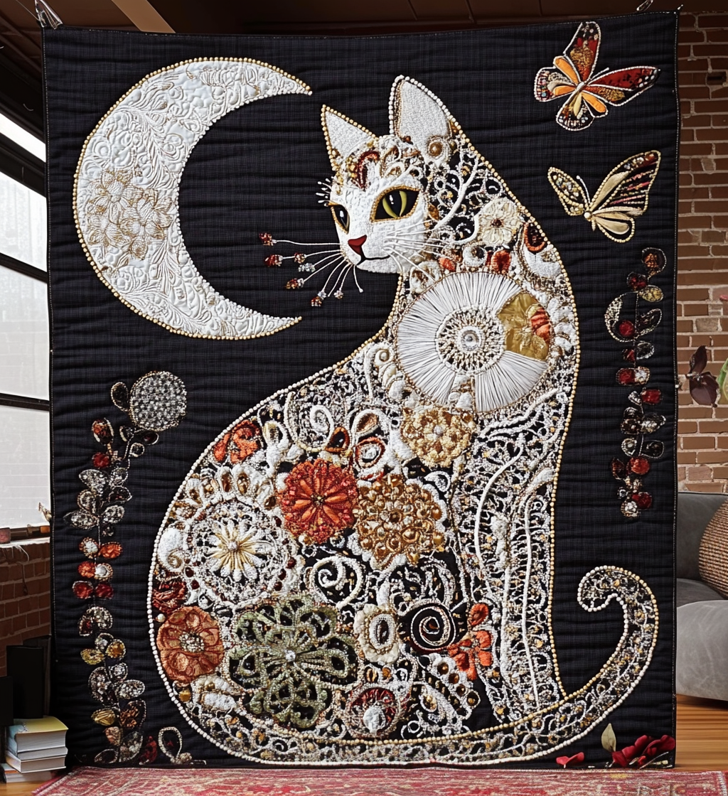 Midnight Meow Quilted Blanket Novelty Gifts For Cat Lovers