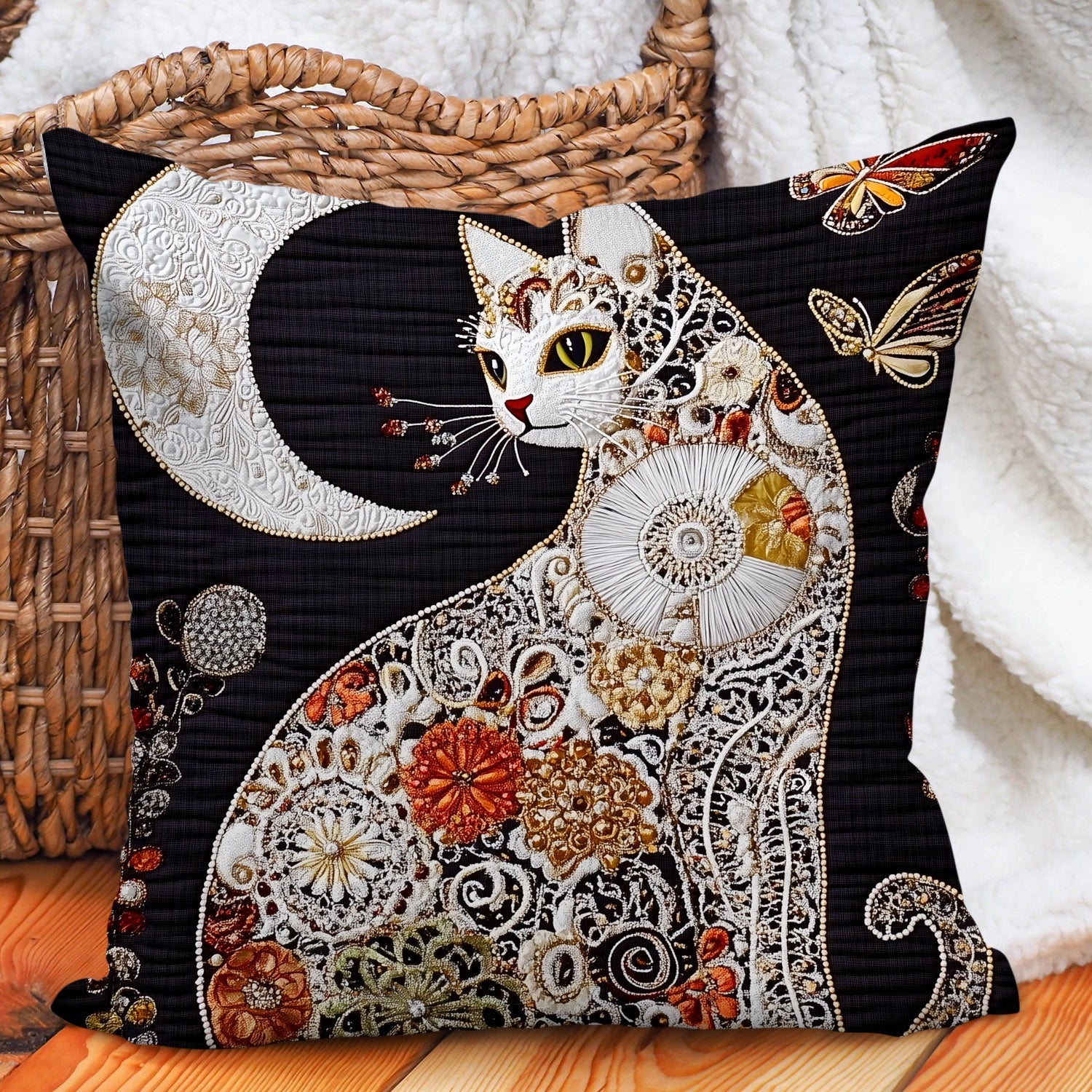 Midnight Meow Quilted Pillow Case Seasonal Holiday Pillow Cover