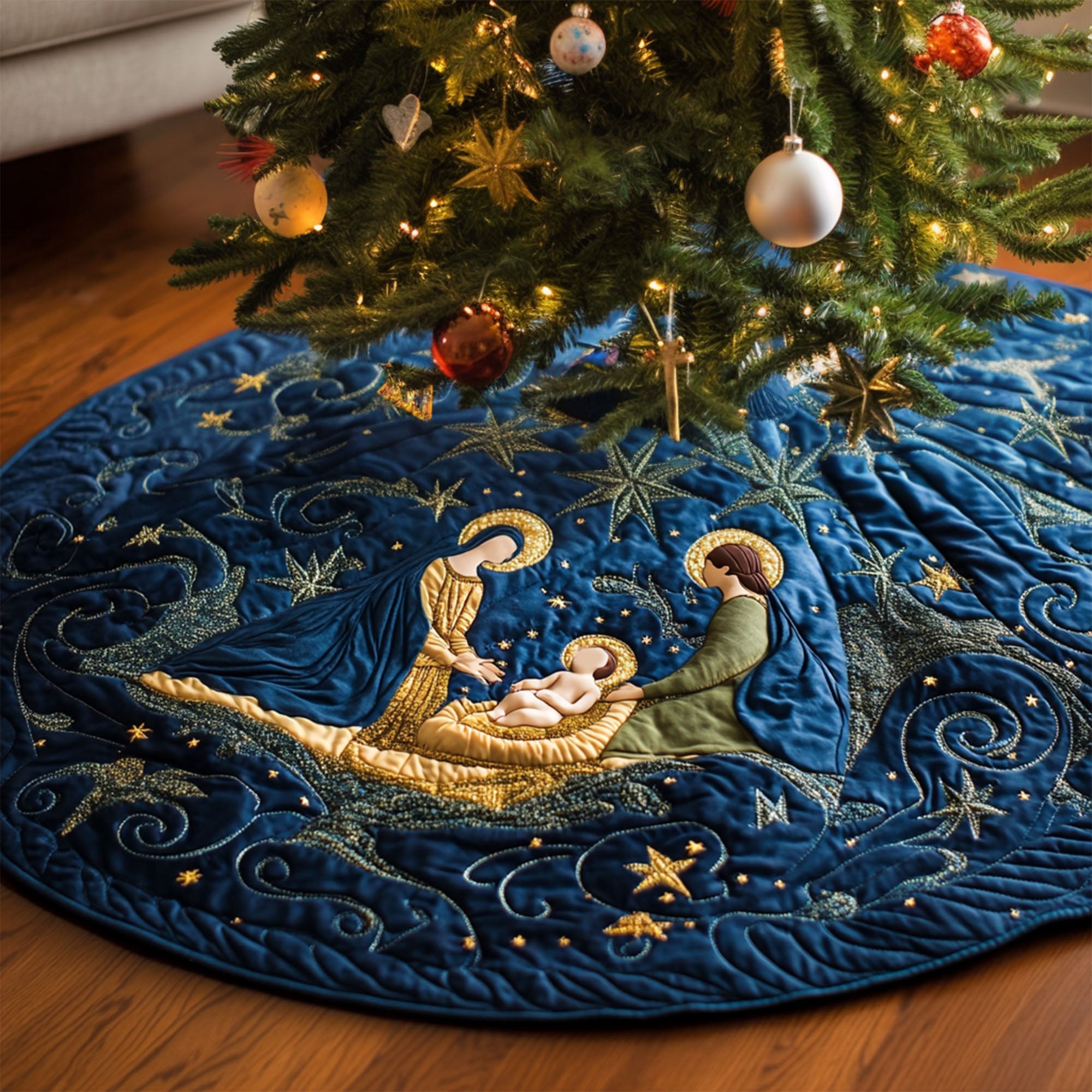 Midnight Miracle Quilted Christmas Tree Skirt Warm and Soft Christmas Tree Skirt for Winter