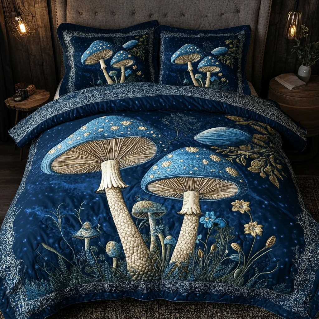 Midnight Mushrooms Quilted Bedding Set Christmas Bedding Sets Birthday Gift For Hippie Friend