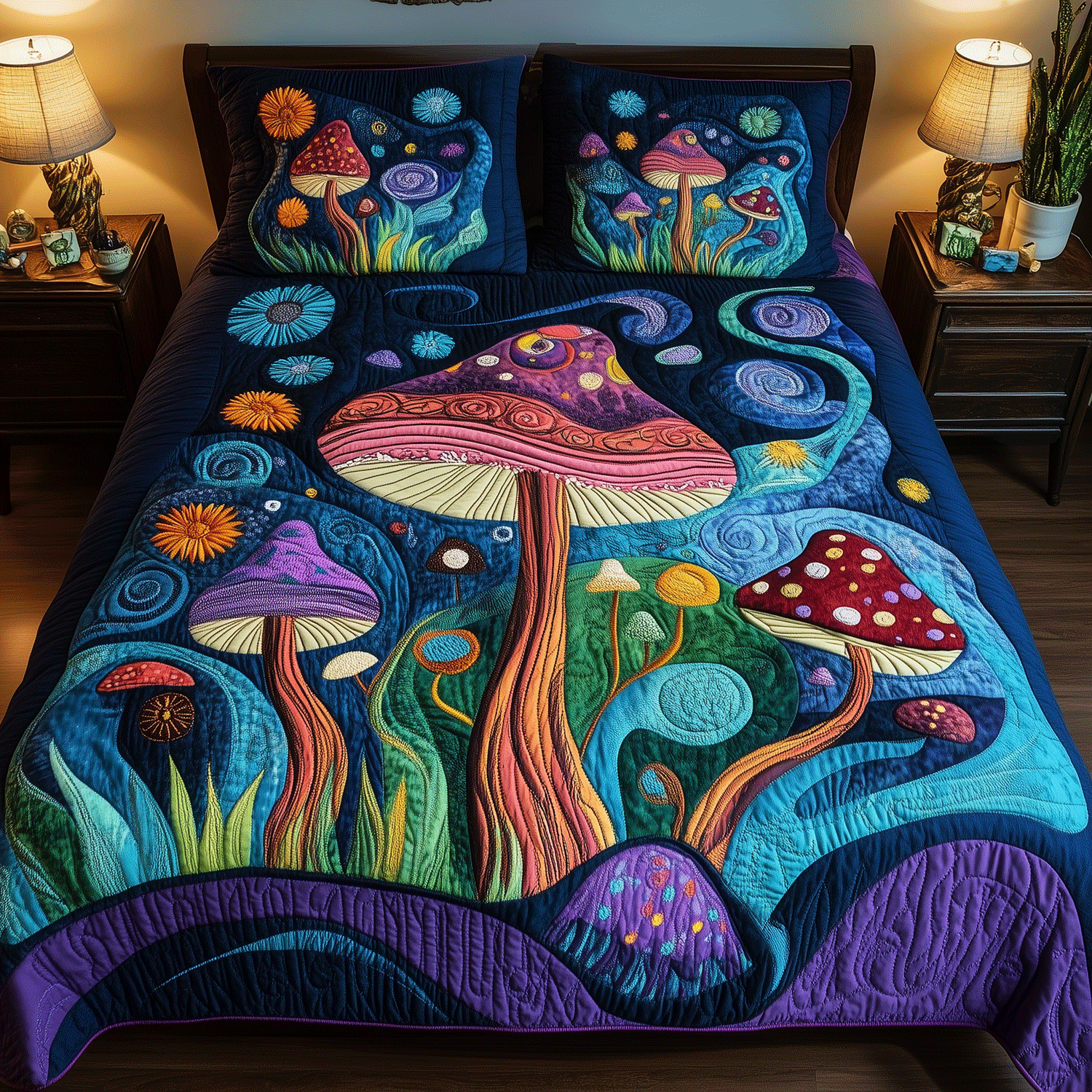 Midnight Mushrooms Quilted Bedding Set High-Quality Cotton Bedding Set for Deep Sleep
