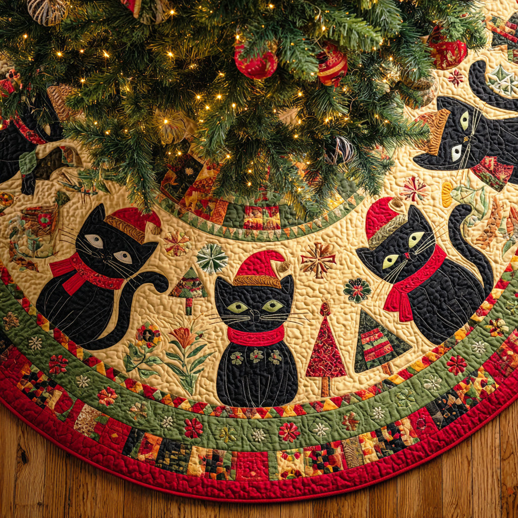 Midnight Noel Cat Christmas Quilted Tree Skirt Animal Themed Tree Decor Cat Owner Christmas Gifts
