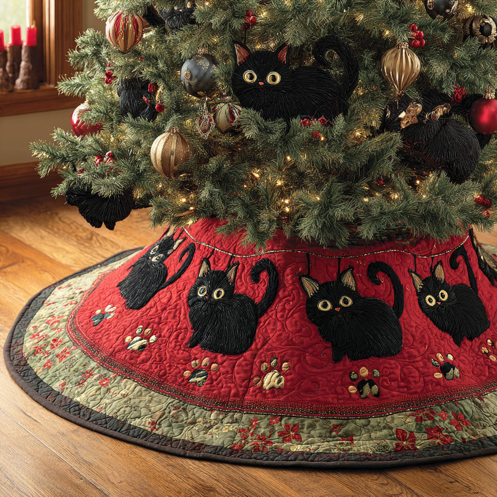 Midnight Noel Christmas Quilted Tree Skirt Animal Themed Xmas Decor Cat Lover Christmas Gifts