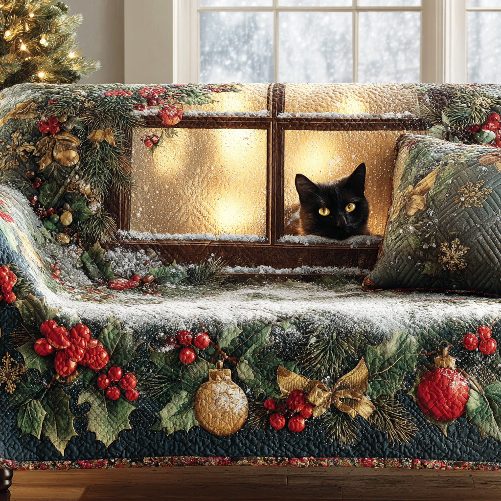 Midnight Noel Quilted Sofa Cover Winter Living Room Decor Xmas Presents For Cat Lovers