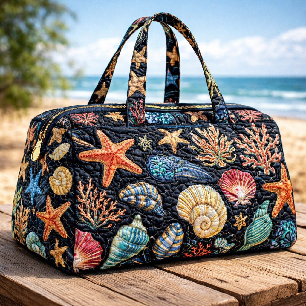 Midnight Ocean Treasures Quilted Duffle Bag Dark Navy Seashell Coral Travel Bag Gift For Beach Lovers