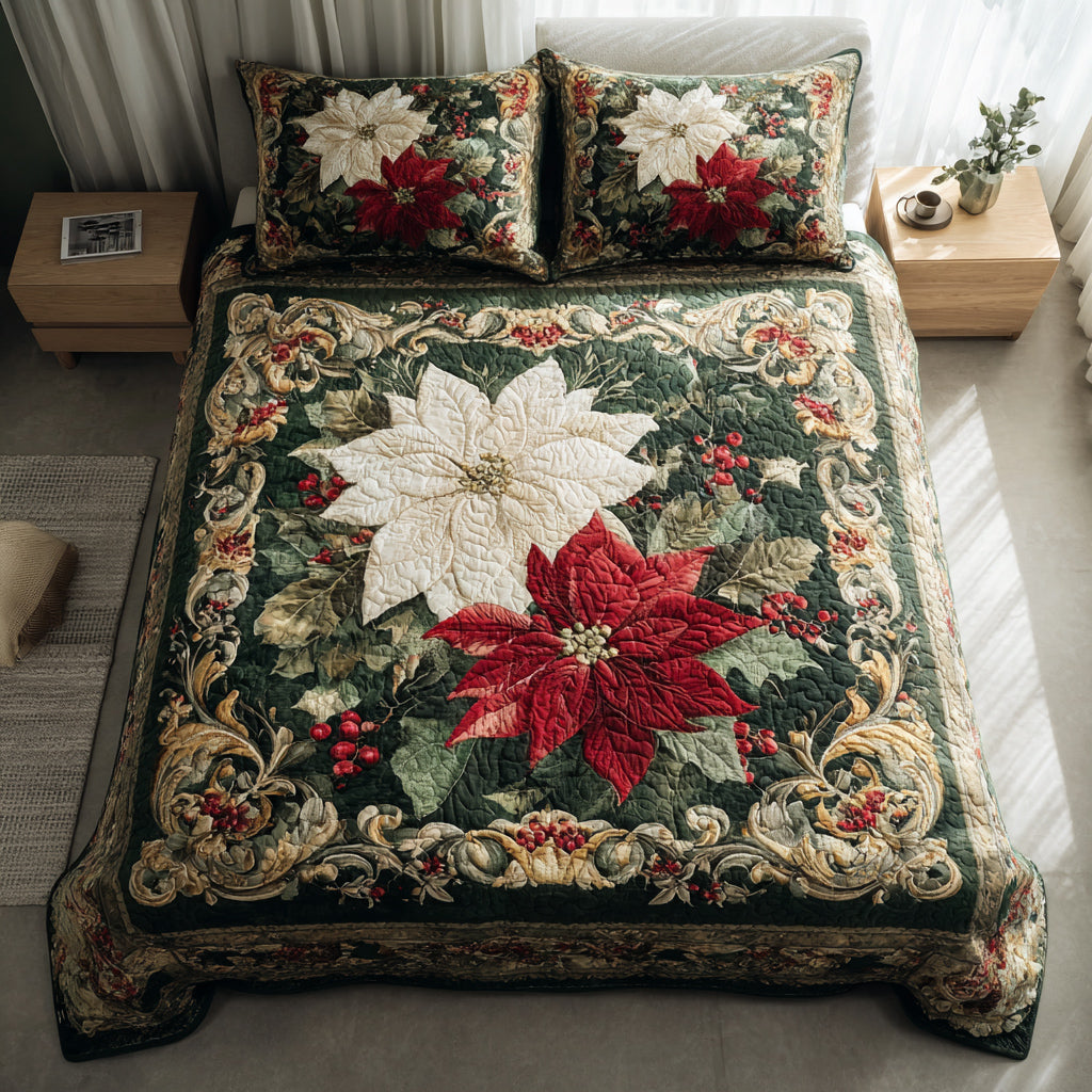 Midnight Poinsettia Dream Quilted Bedding Set Holiday Duvet Covers Christmas Gifts For Wife