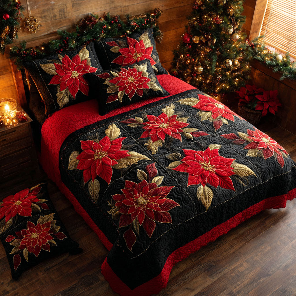 Midnight Poinsettia Quilted Bedding Set King Size Comforter Granny Xmas Gifts