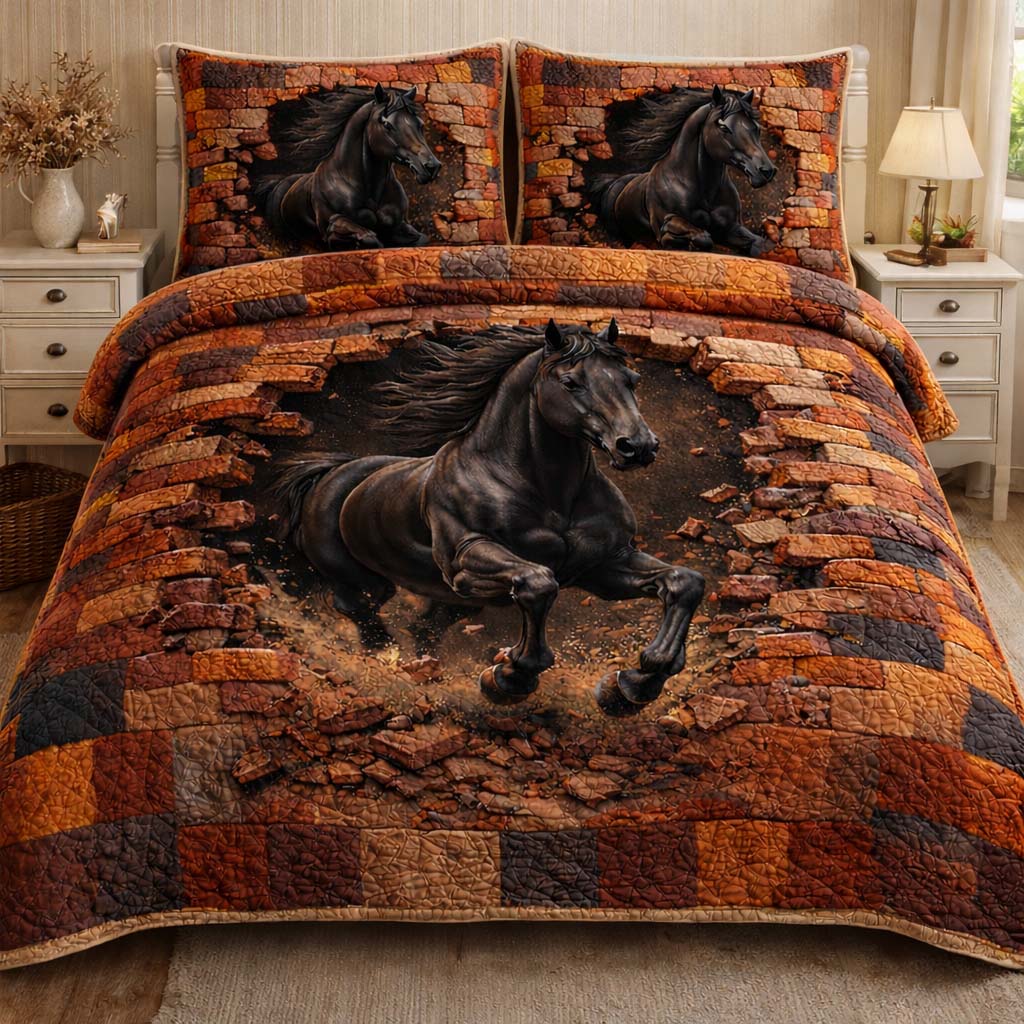 Midnight Power Stallion Quilted Bedding Set Horse Bedroom Decor Best Gift For Horse Lovers