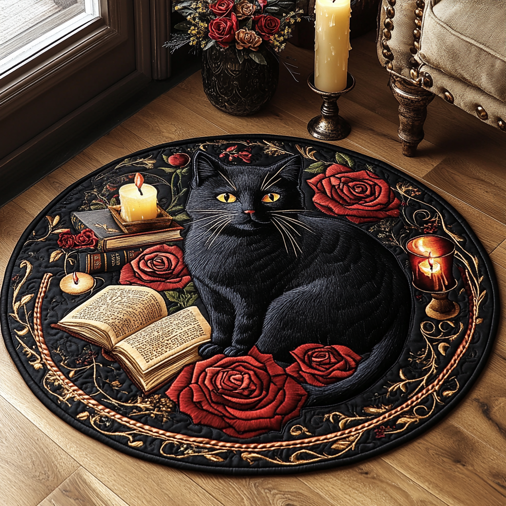 Midnight Prowl Quilted Round Mat Door Entrance Decor Cat Christmas Presents