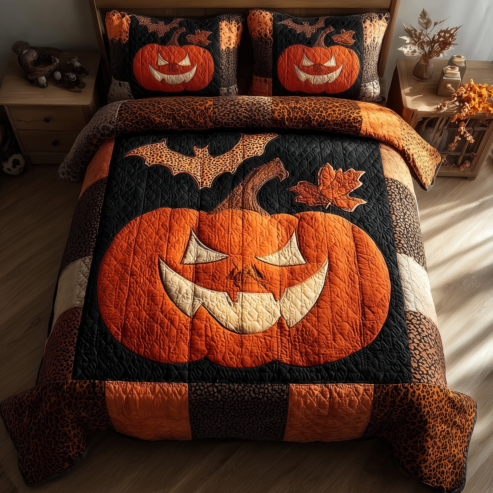 Midnight Pumpkin Quilted Bedding Set Holiday Gift