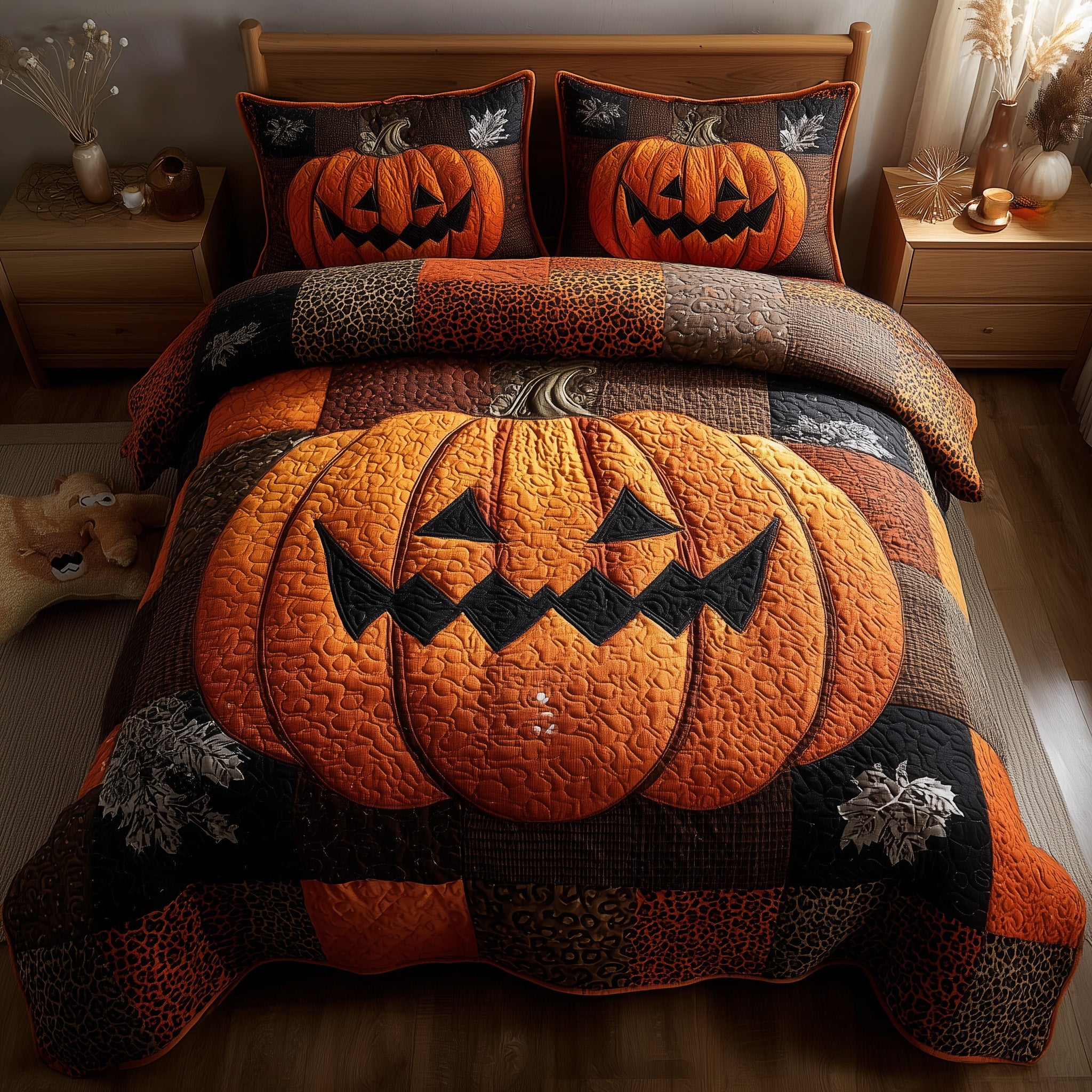 Midnight Pumpkin Quilted Bedding Set New Home Gift