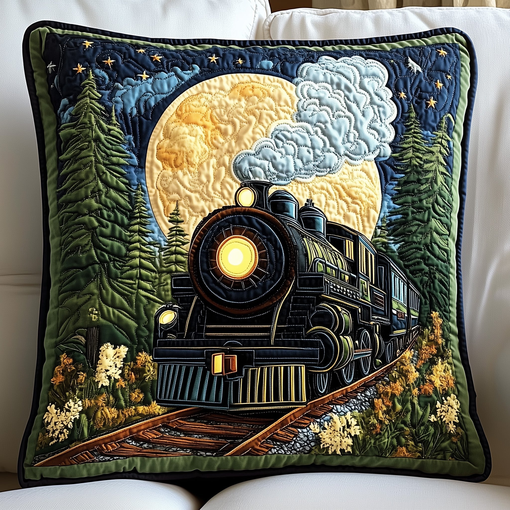 Midnight RailDream Quilted Pillow Case Decorative Pillow Cover MerchGift Ideas For Train Lovers