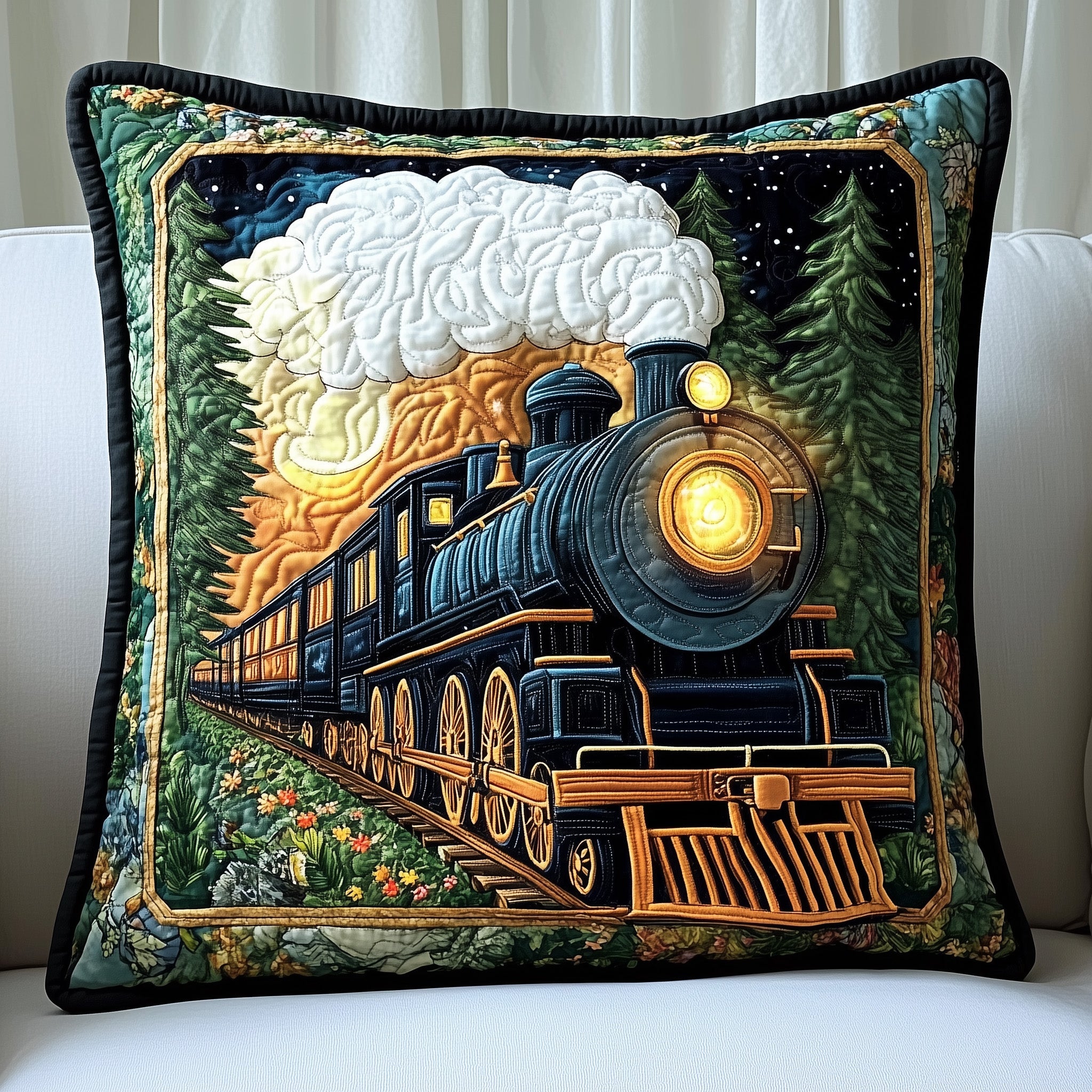 Midnight RailDream Quilted Pillow Case Decorative Pillow Cover MerchUnique Train Gifts Christmas
