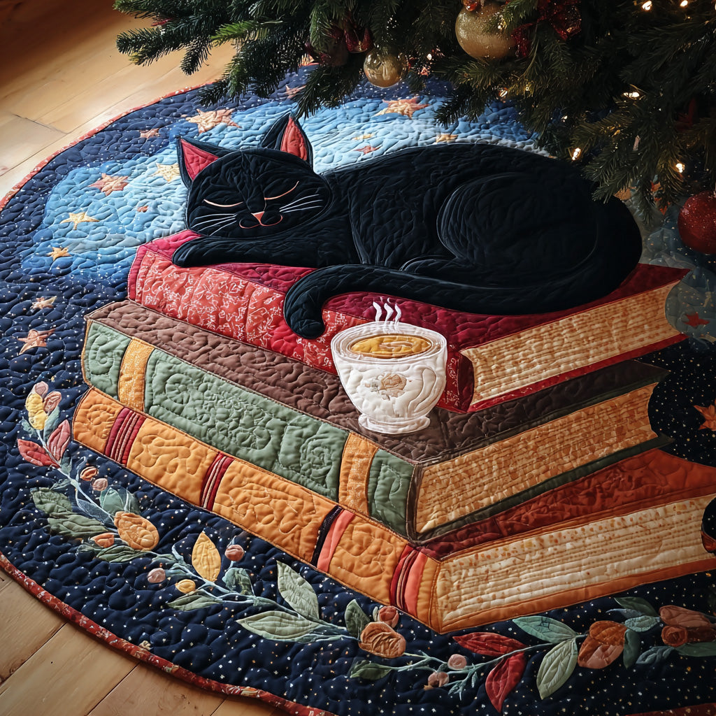 Midnight Reading Christmas Quilted Tree Skirt Winter Holiday Decor Cool Gifts For Cat Lovers