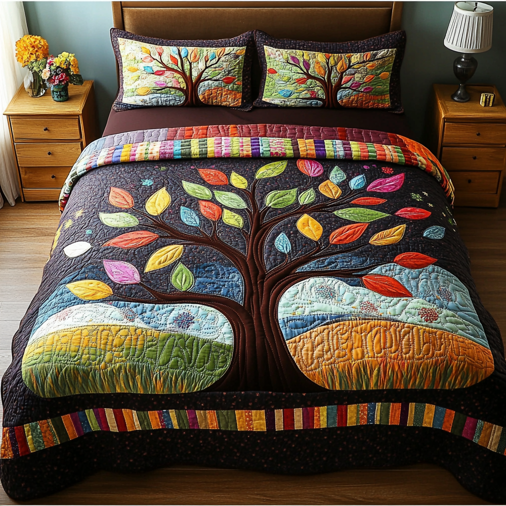 Midnight Roots Quilted Bedding Set Cute Room Decor Tree Of Life Themed Gifts
