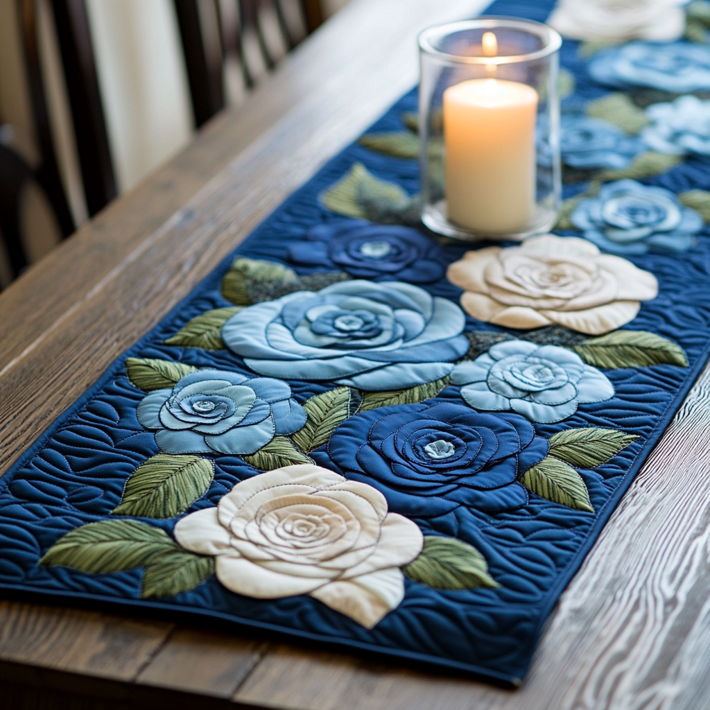 Midnight Rose Quilted Table Runner Kitchen Table Decor Christmas Floral Gifts