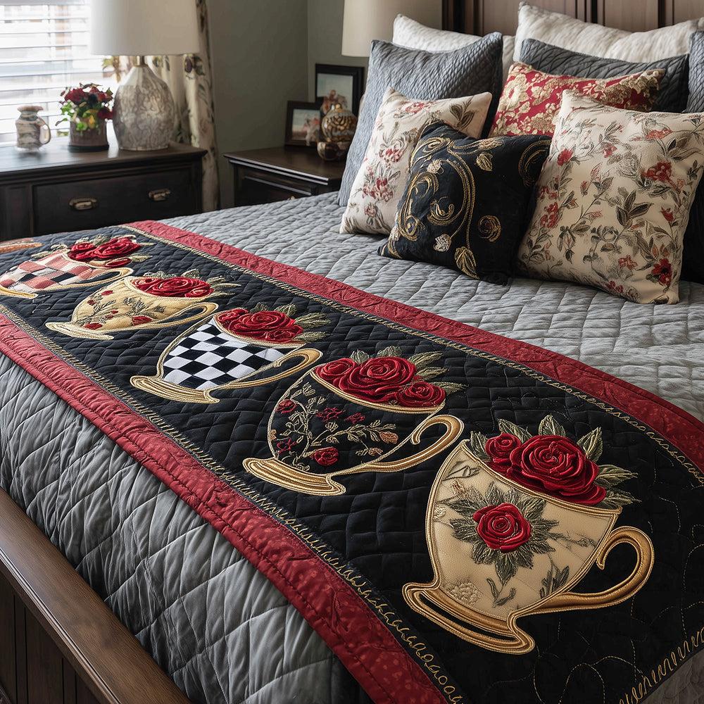 Midnight Rose Sip Quilted Bed Runner Cute Bedroom Decor Cool Gifts For Tea Lovers