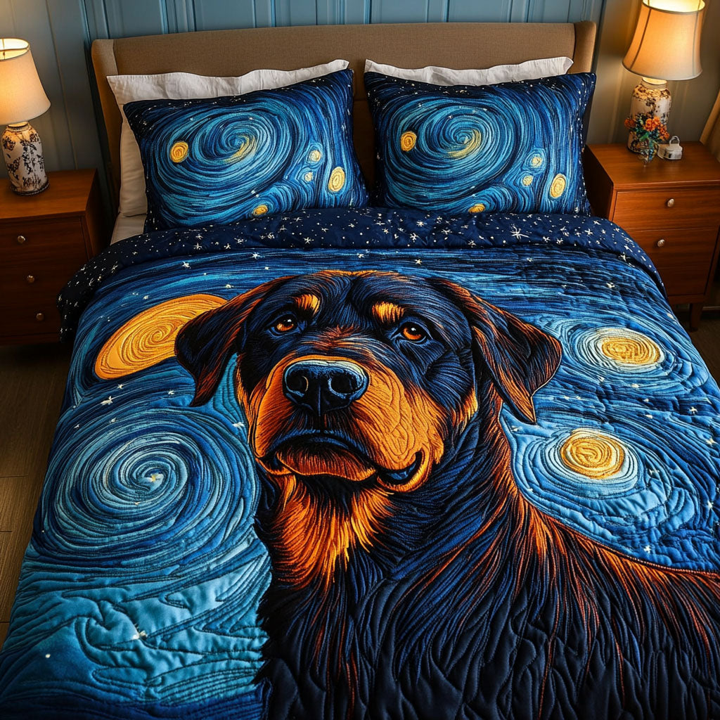 Midnight Rottie Quilted Bedding Set Perfect Bedding Gift Set for Holiday Celebrations