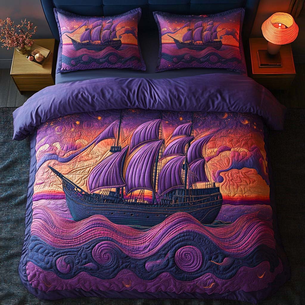 Midnight Sail Quilted Bedding Set Bed Decor Christmas Gifts For People Who Loves Sea Turtle