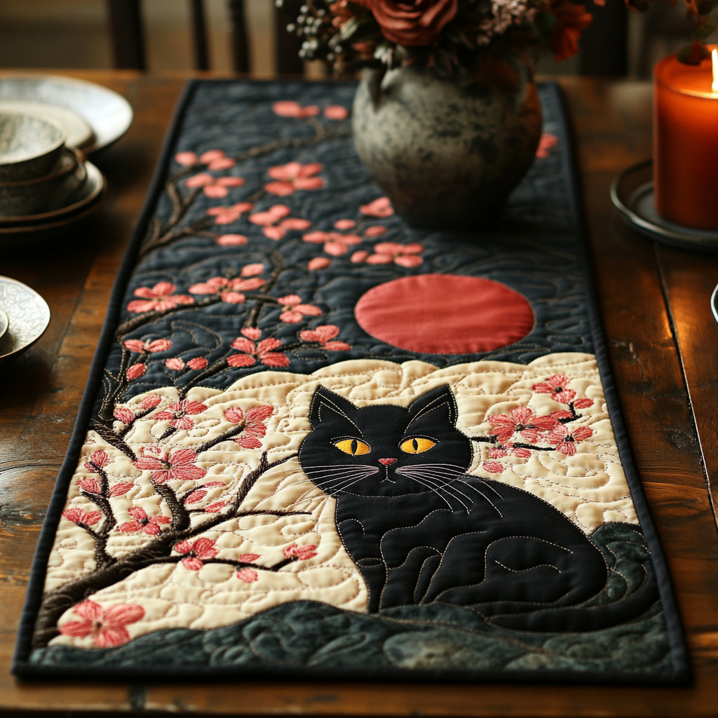 Midnight Sakura Cat Quilted Table Runner Dining Room Centerpieces Black Cat Gift Ideas