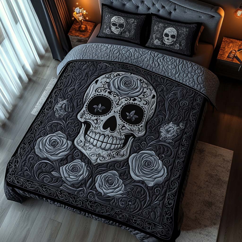 Midnight Skull Bloom Quilted Bedding Set Bed Room Decoration Skull Items For Gifts