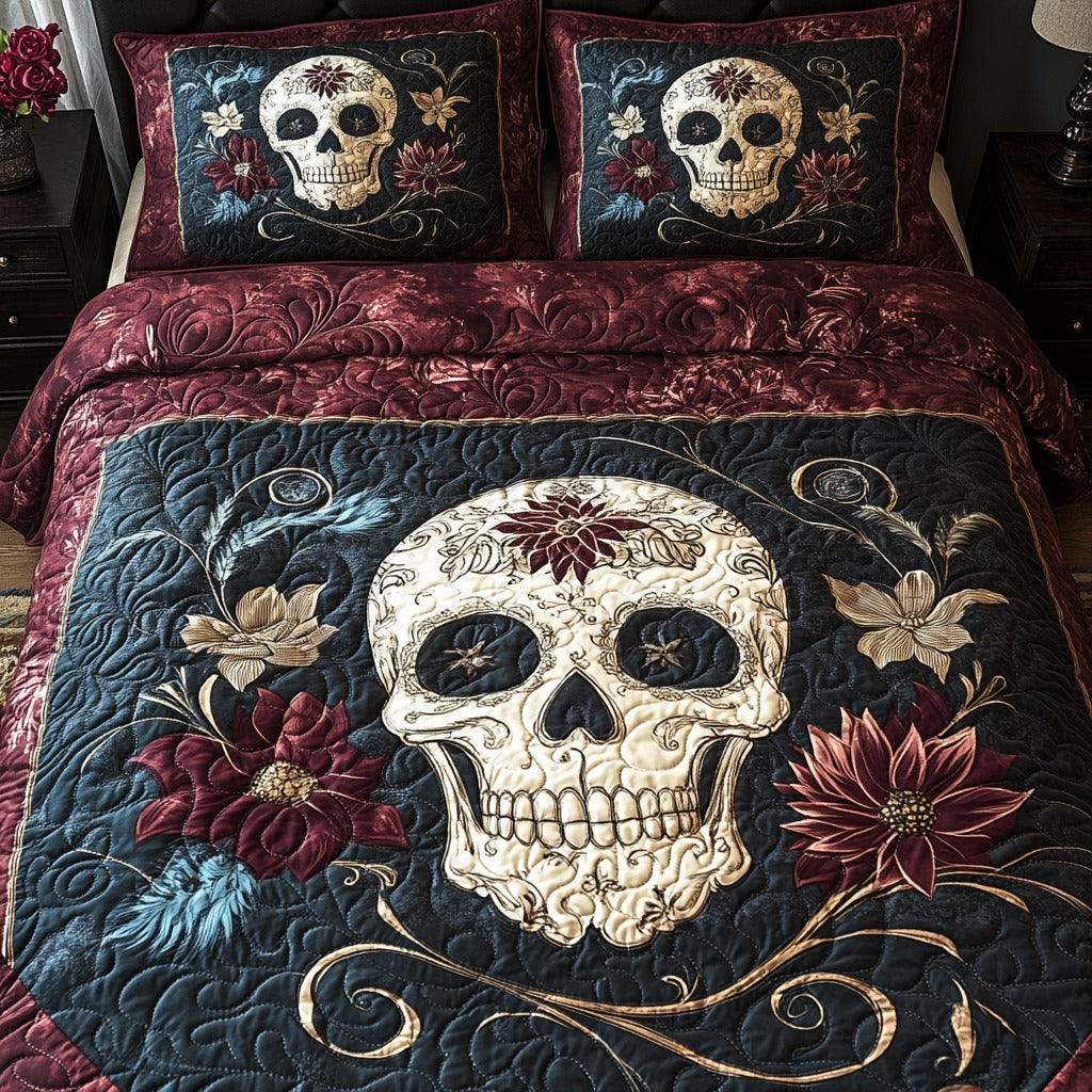 Midnight Skull Bloom Quilted Bedding Set Full Size Bed Set Gothic Gift For Grandma