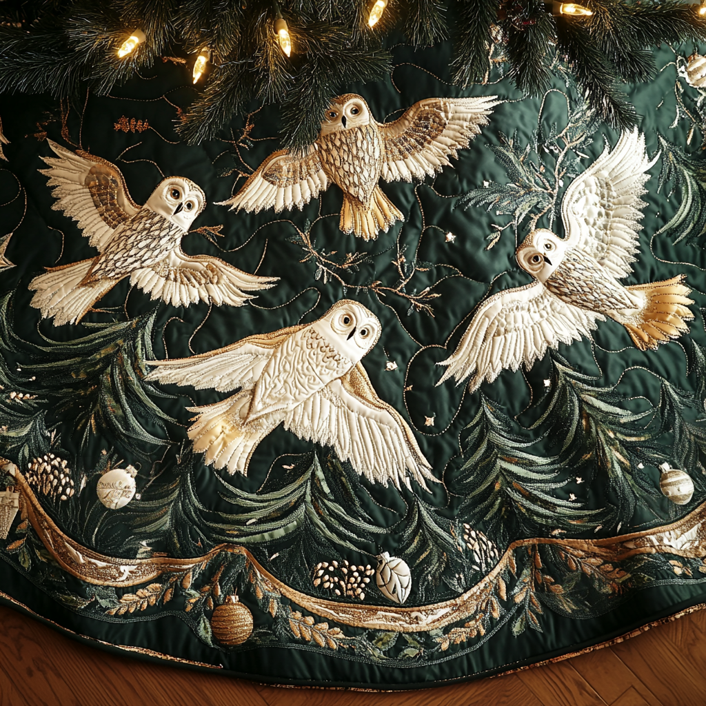 Midnight Snow Owls Christmas Quilted Tree Skirt Christmas Tree Bottom Cover Gifts For Mom And Dad Christmas