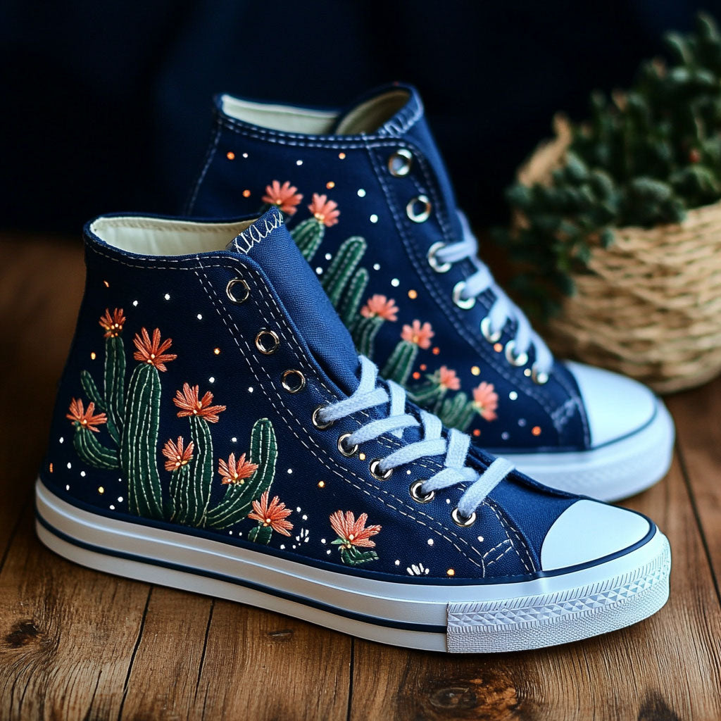 Midnight Starry Cactus Canvas High Tops Trendy Merch Design
