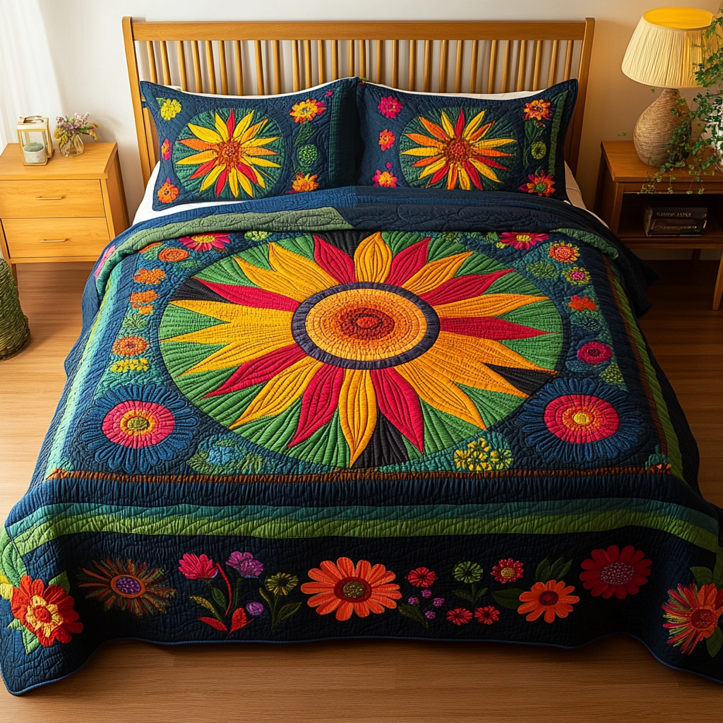 Midnight Sunflower Bliss Quilted Bedding Set King Bedspread Gifts For Boyfriends Parents