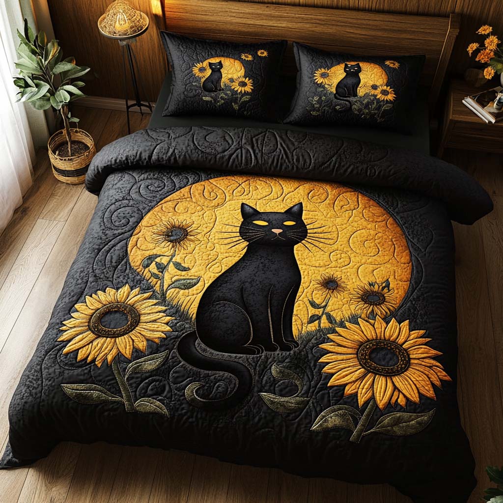 Midnight Sunflower Quilted Bedding Set Cozy Comforter Set for Winter Warmth