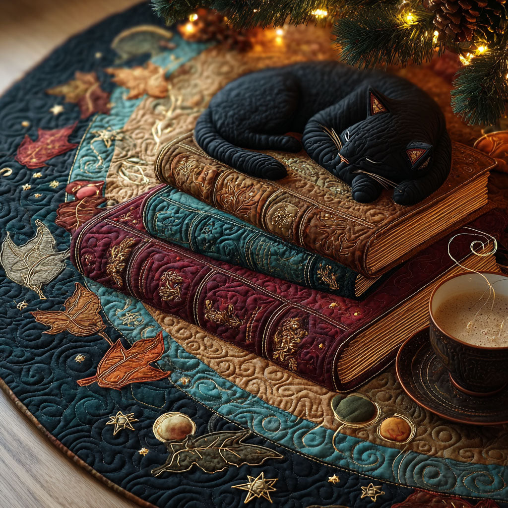 Midnight Tales Christmas Quilted Tree Skirt Xmas Tree Decor Gifts For Black Cat Lovers