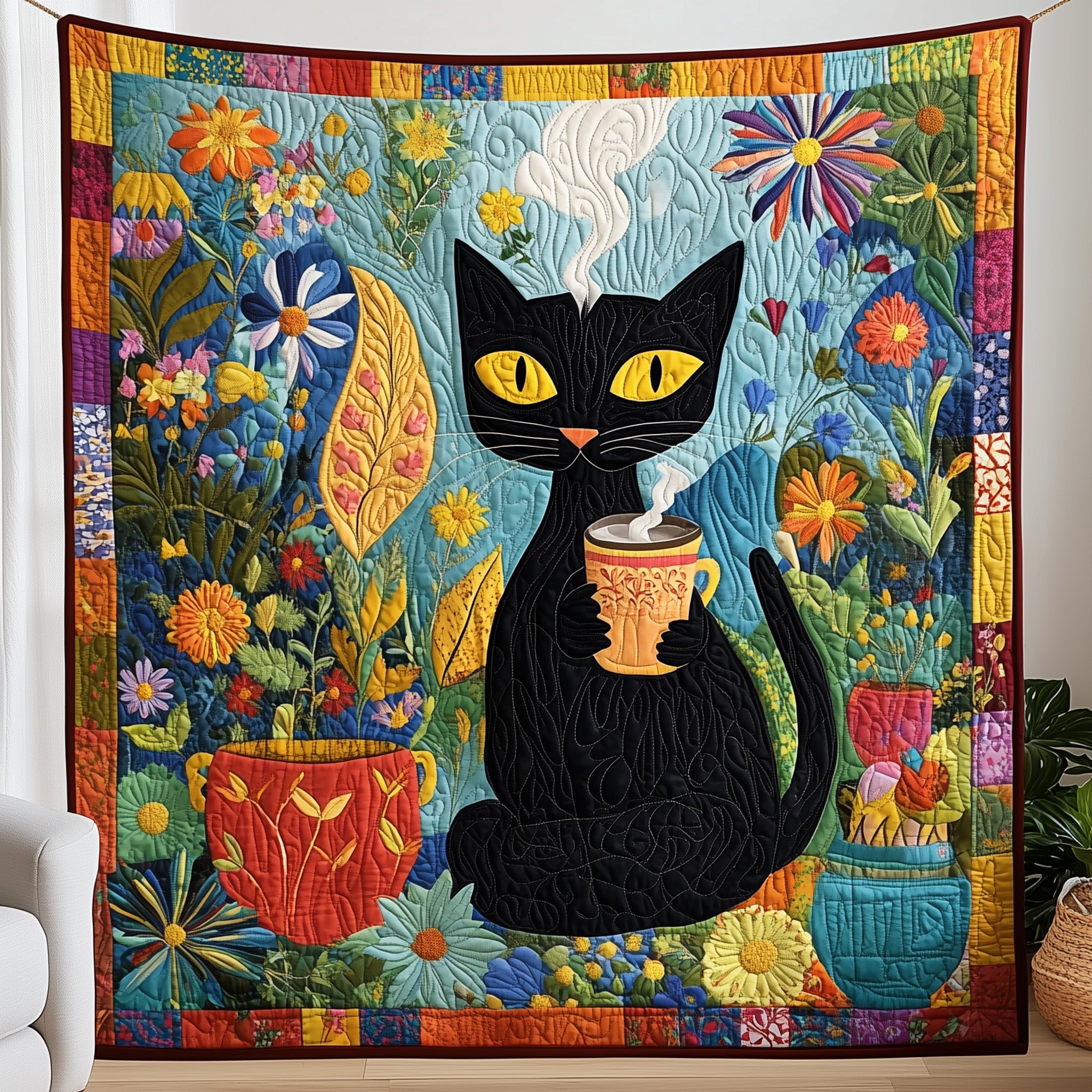 Midnight Tea Party Quilted Blanket Cute Bed BlanketTop Gifts For Cat Lovers