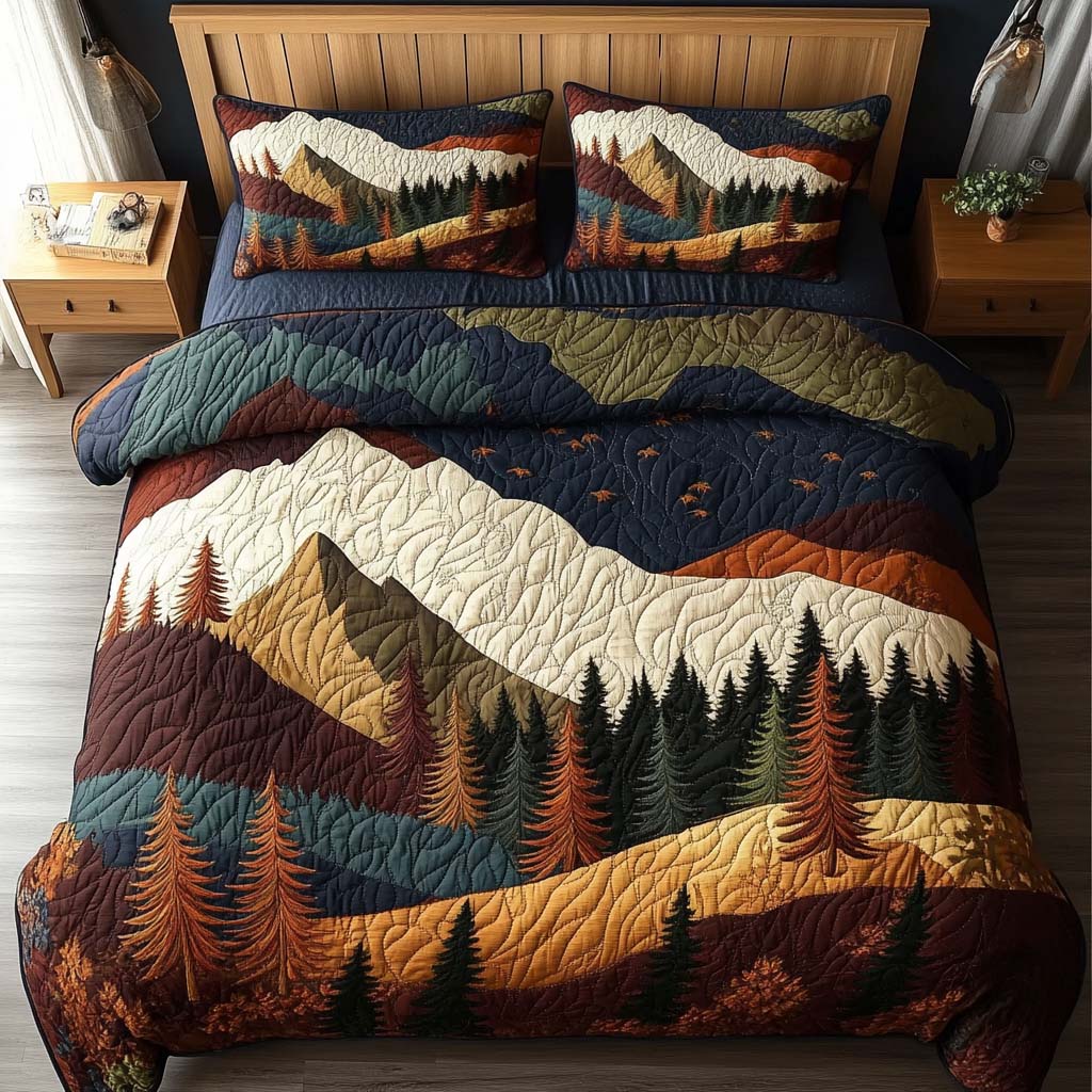 Midnight Timberline Quilted Bedding Set Aesthetic Room Decor Cool Gifts For Nature Lovers