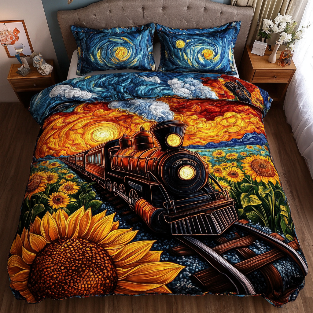 Midnight Train Quilted Bedding Set Duvet Cover Bed Sheet Set Best Gifts For Train Lovers