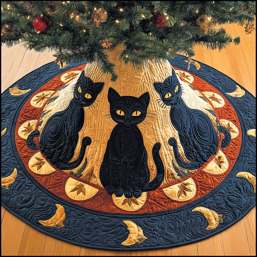 Midnight Whiskers Christmas Quilted Tree Skirt Xmas Tree Cover Base Black Cat Gift Items
