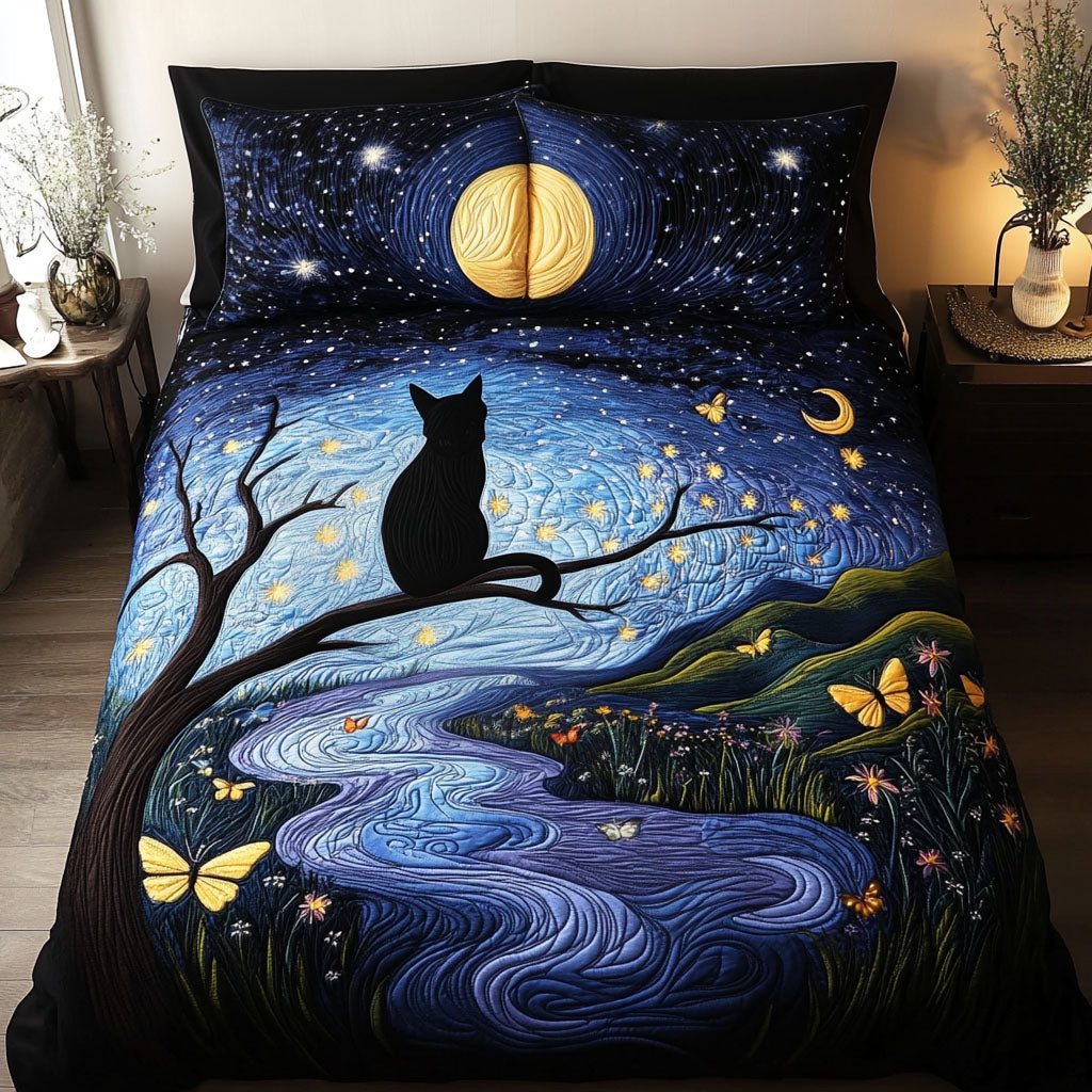 Midnight Whiskers Quilted Bedding Set Cozy Bedroom Decor Black Cat Mom Gifts