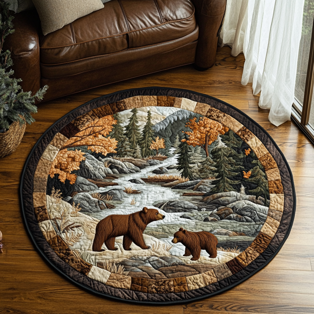 Mighty Bear Quilted Round Mat Christmas Entry Way Decor Cute Bear Themed Presents