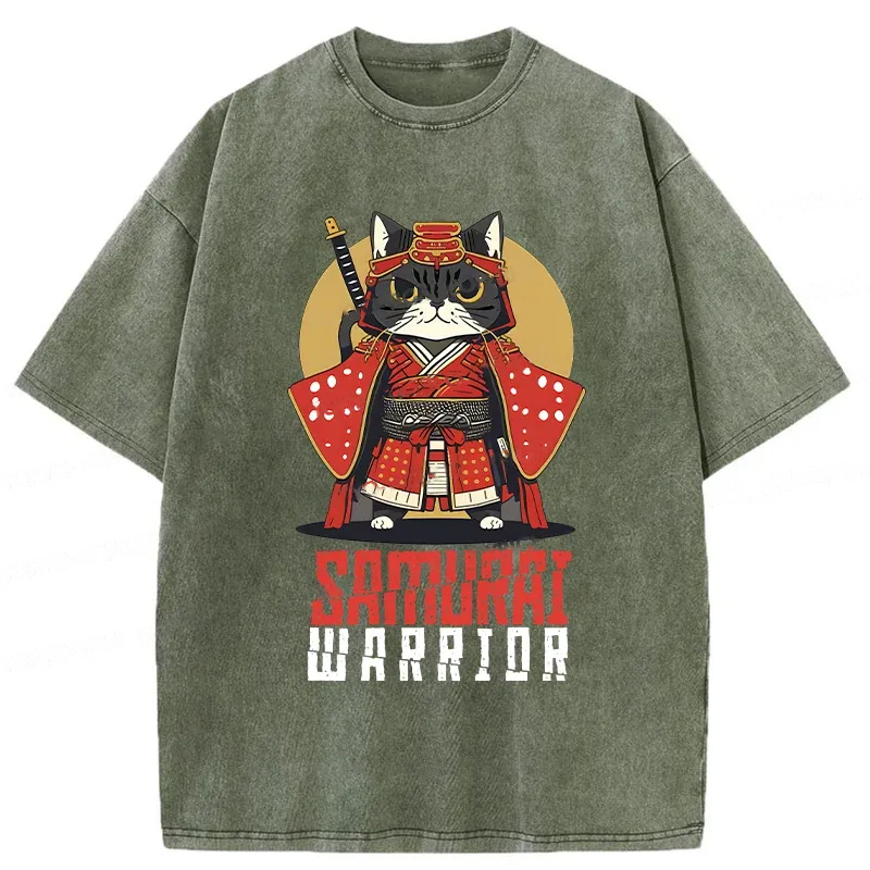 Mighty Cat Samurai Washed T-Shirt Classic Graphic Fashion Tee Gifts For BFF