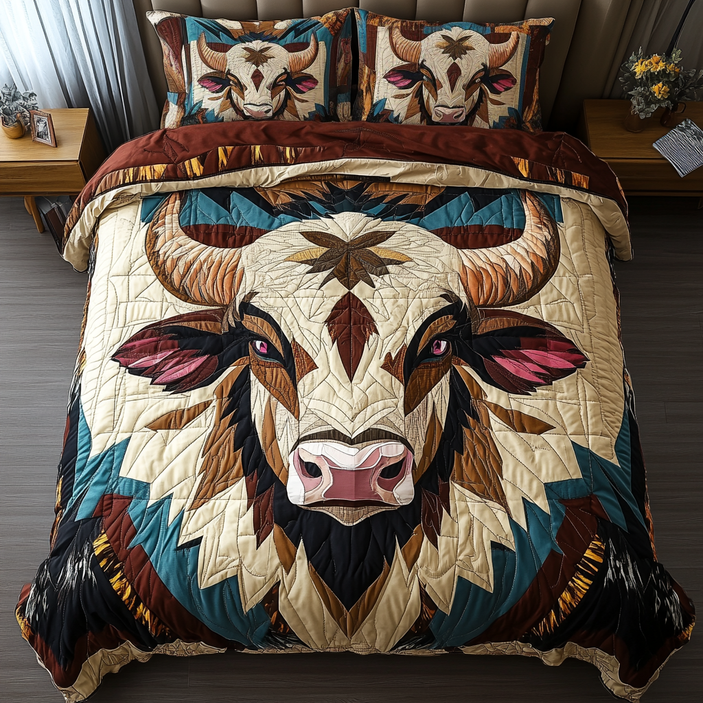 Mighty Horns Quilted Bedding Set Bed Room Decoration Best Gifts For Cow Lovers
