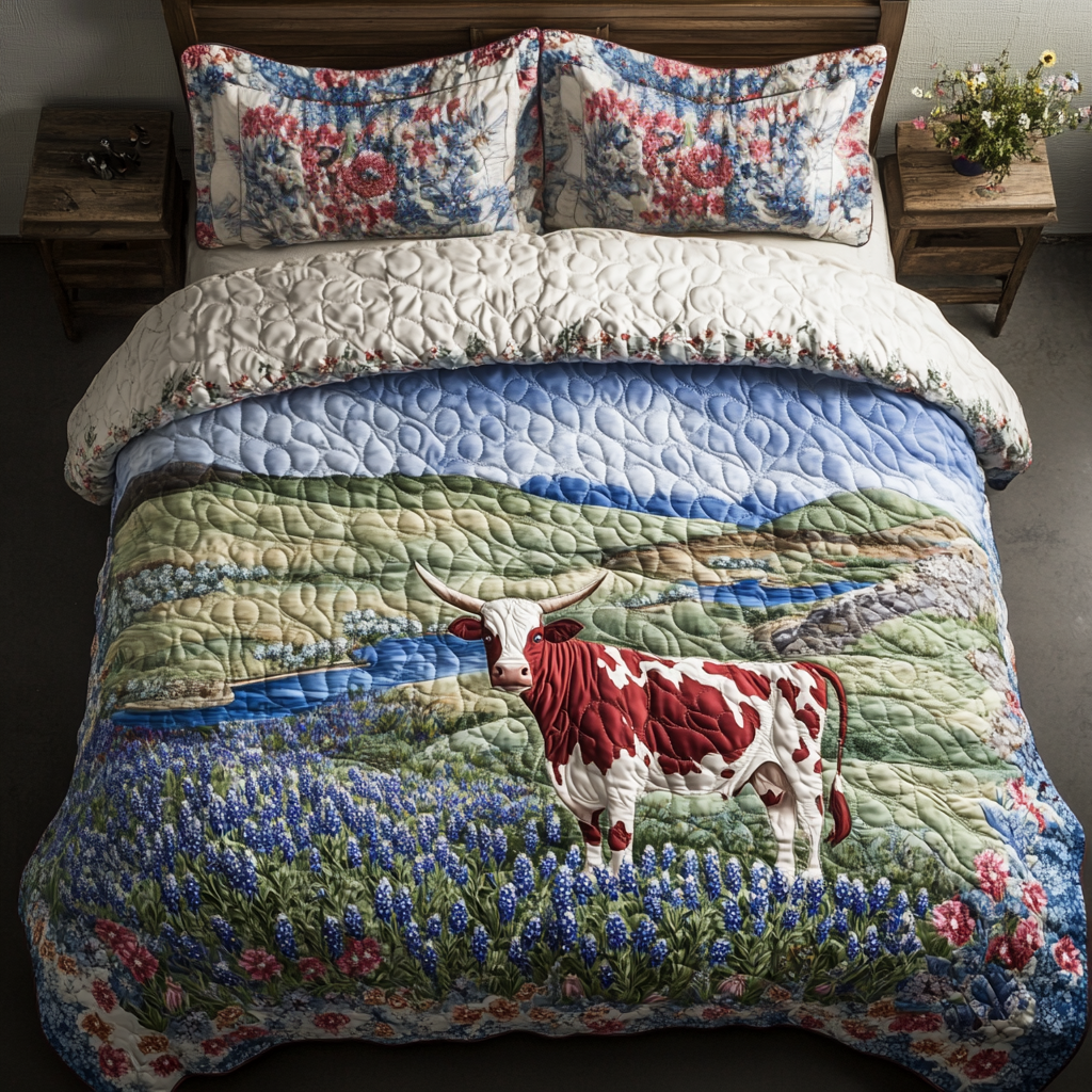 Mighty Longhorn Cow Quilted Bedding Set Holiday Duvet Cover Set Cow Lover Gift Ideas