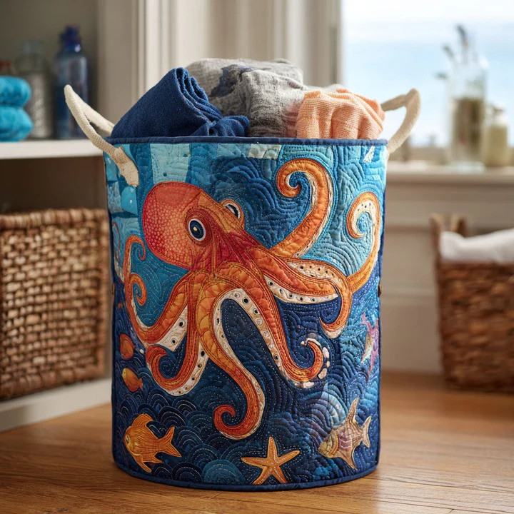 Mighty Octopus Quilted Laundry Basket Ocean Sea Creature Home Organizer Gift For Ocean Lovers