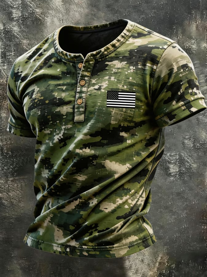 Military Camo Button T-Shirt American Flag USA Patriotic Fan Gear Veterans Day Best Gift For Dad