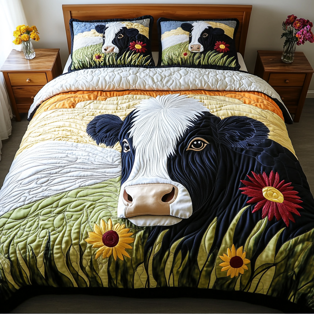 Milk Meadow Quilted Bedding Set Cute Bedroom Decor Cow Gifts For Cow Lovers