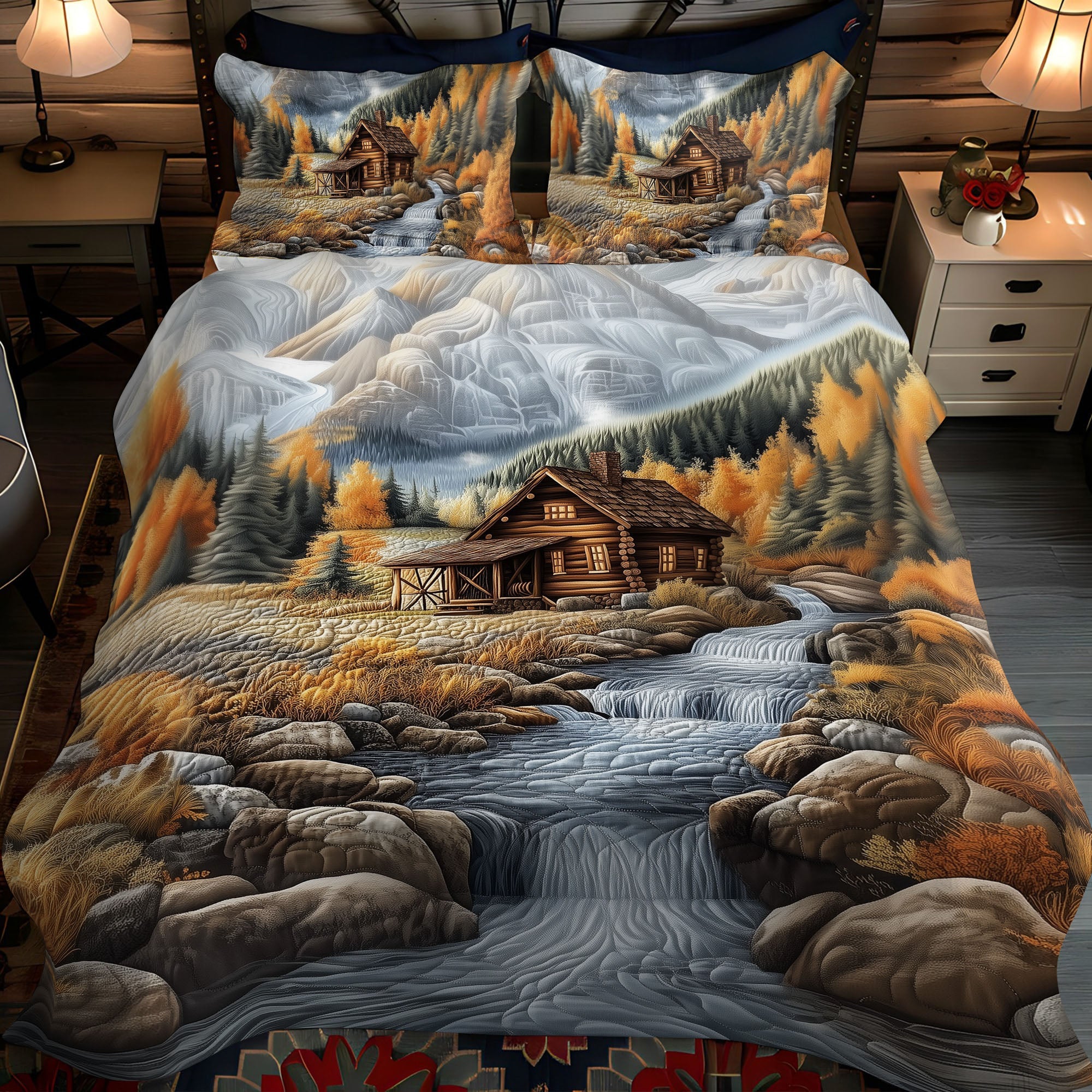 Millstone Stream Quilted Bedding Set Aesthetic Room Decor Christmas Present Ideas