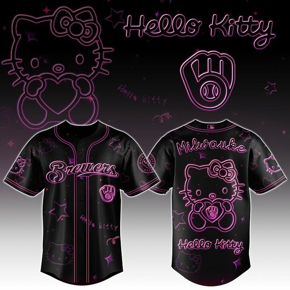 Milwaukee Brewers MLB x Hello Kitty Black Baseball Jersey Perfect Gift For Baseball Lovers