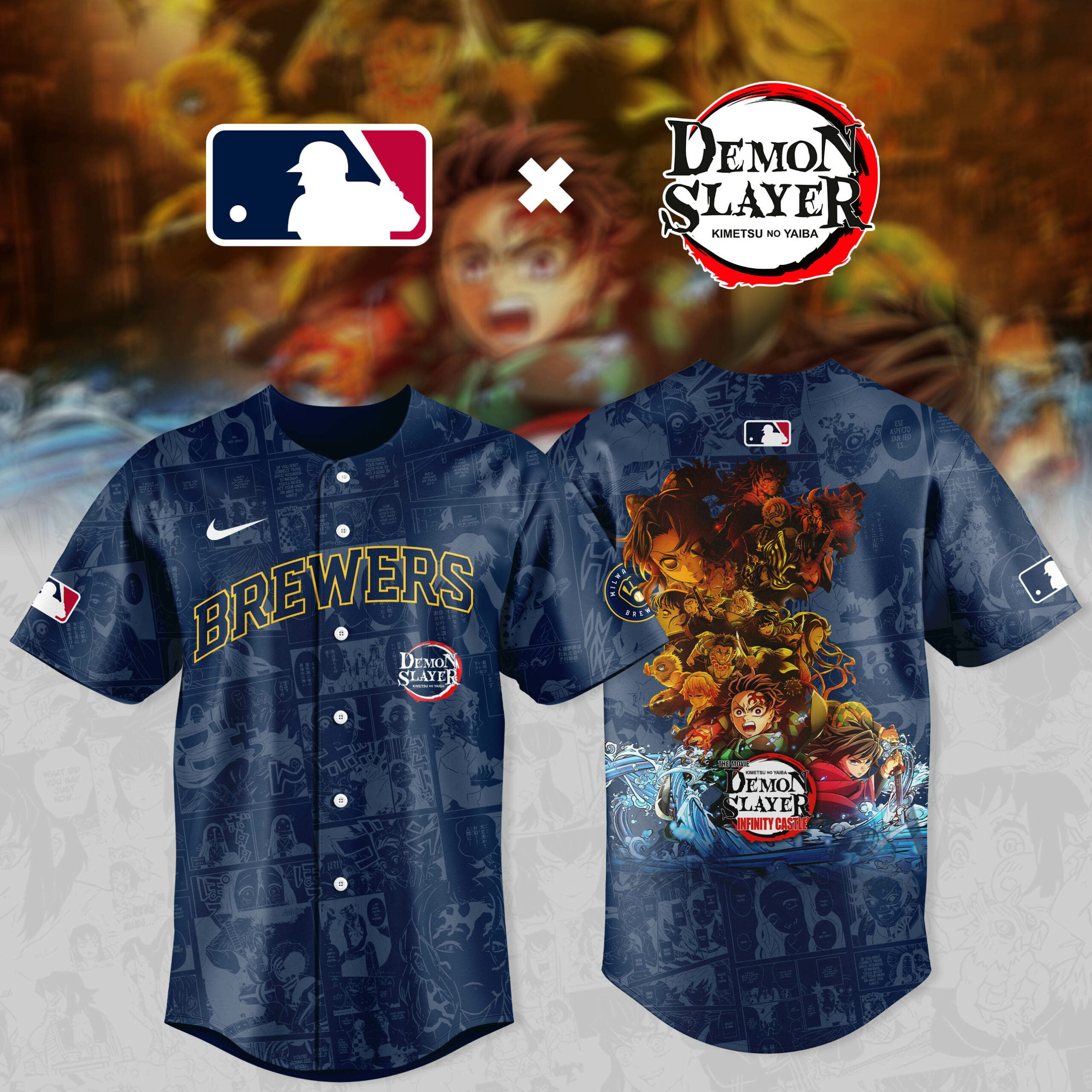 Milwaukee Brewers X Demon Slayer Baseball Jersey Cool Baseball Gifts