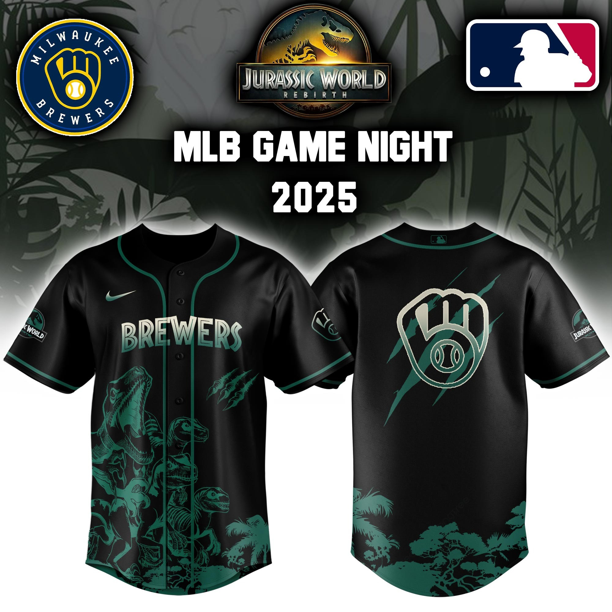 Milwaukee Brewers x Jurassic World Baseball Jersey Colab 2025 Best Movie Themed Gift For Brewers Fans