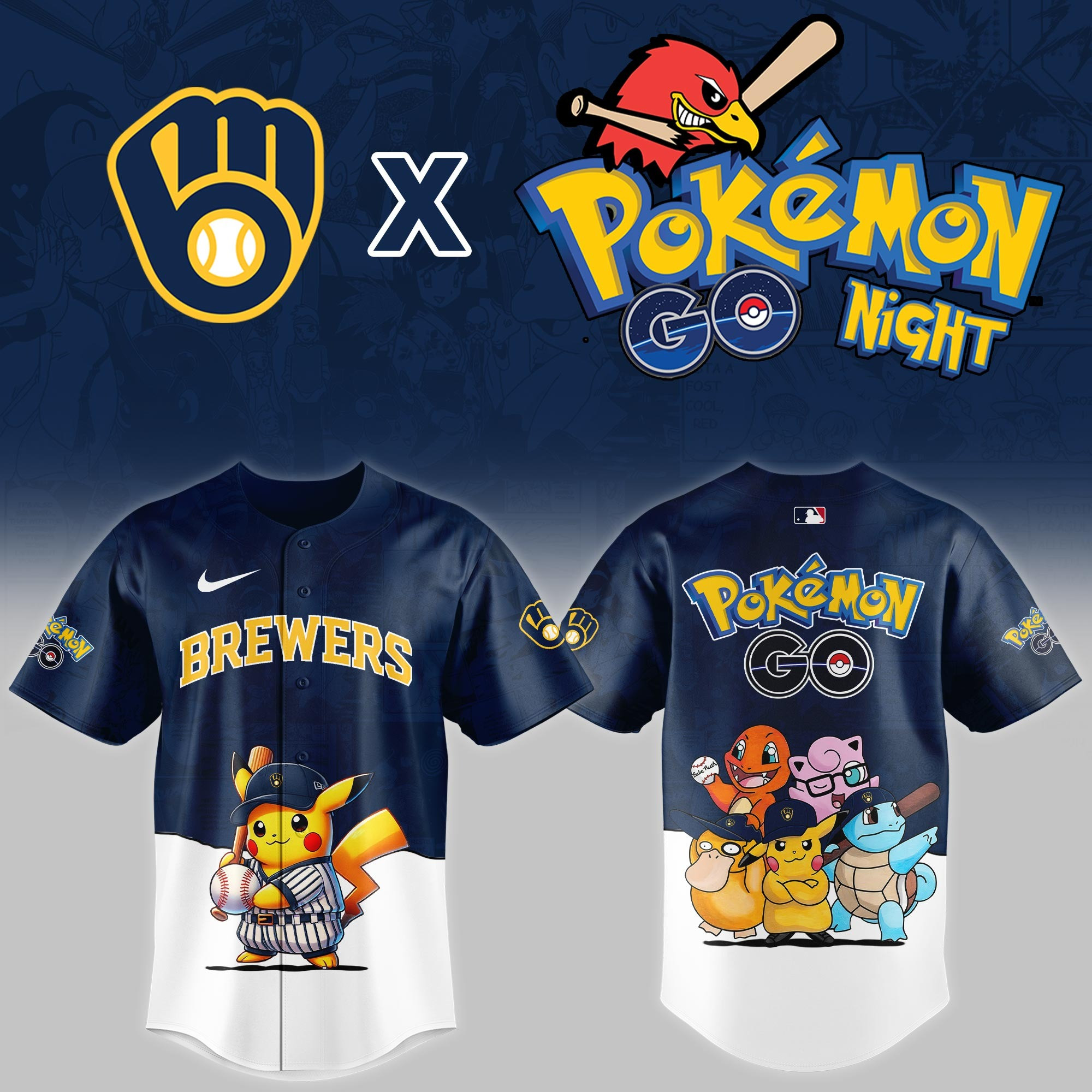 Milwaukee Brewers x Pokemon GO Night Jersey MLB Merch Fan Gifts For Pokemon Go Lovers