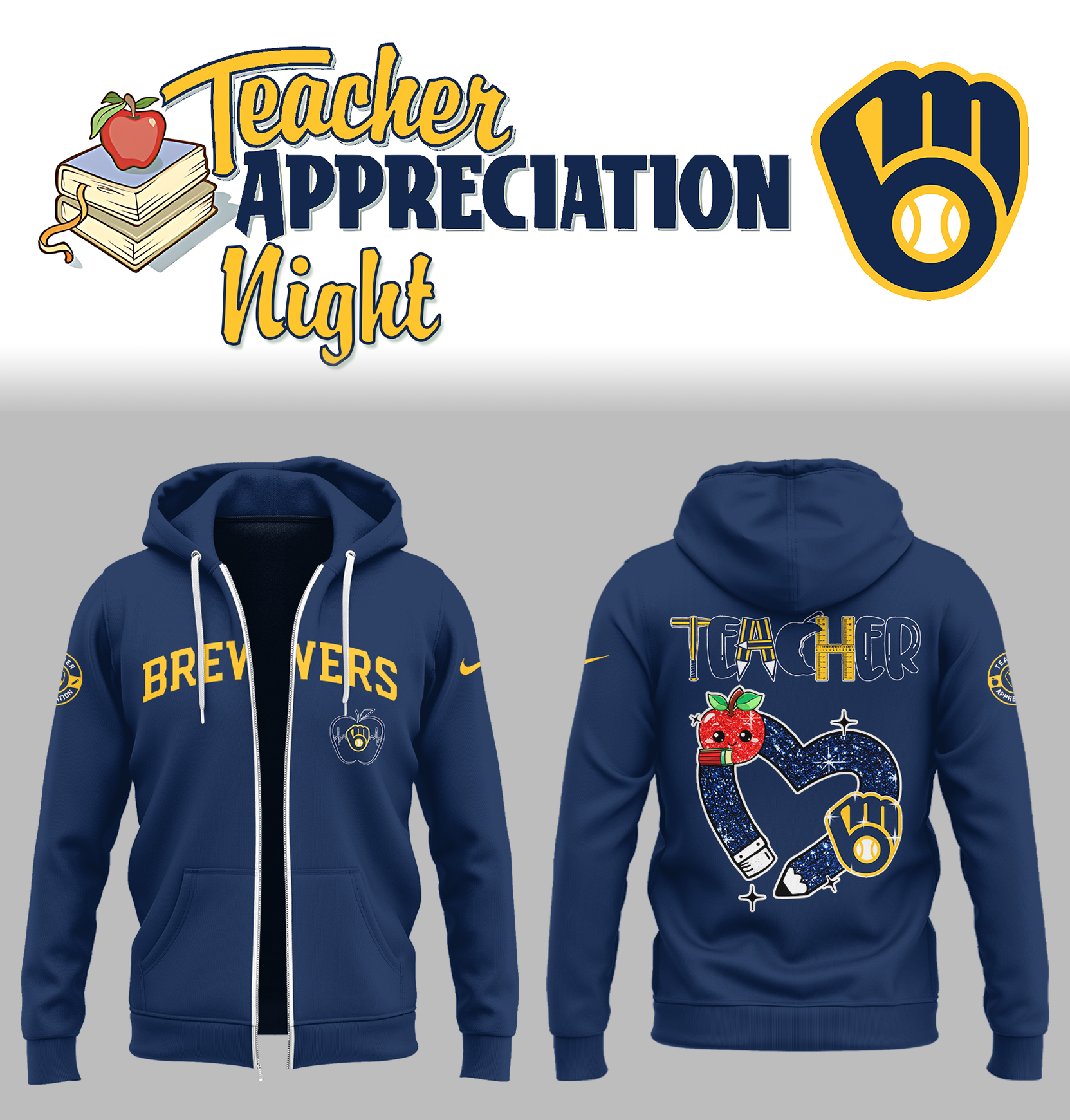 Milwaukee Brewers x Teacher Appreciation Night Zip Hoodie Gifts For Baseball Players