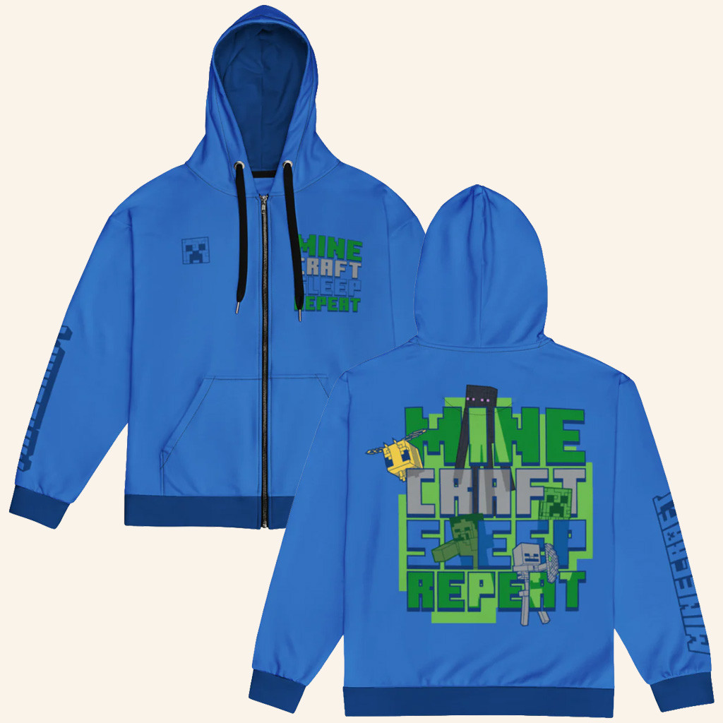 Minecraft Merch Minecraft Sleep Repeat Zip Up Hoodie Best Gifts For Him